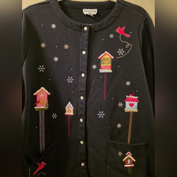 Vtg Winter Cardinal Embroidered Cardigan Sweater Holiday 2X Bird Black Red - Picture 3 of 8
